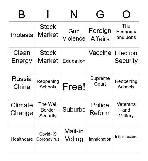 1st Presidential Debate 2020 Bingo Card