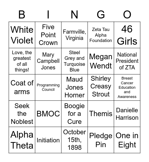Zeta Tau Alpha Bingo! Bingo Card