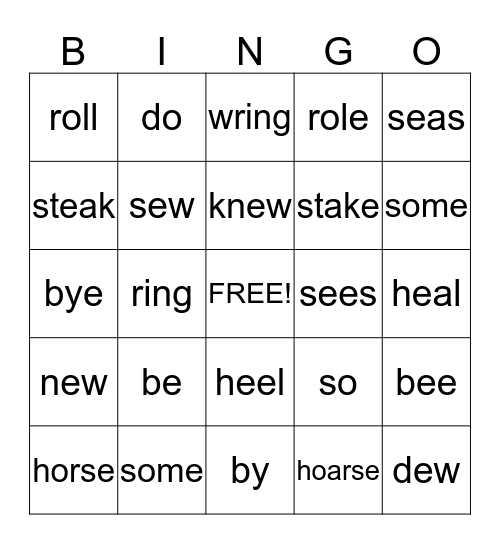 Homophone Bingo Card