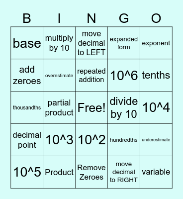 POWER of 10 Bingo Card