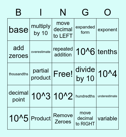 POWER of 10 Bingo Card