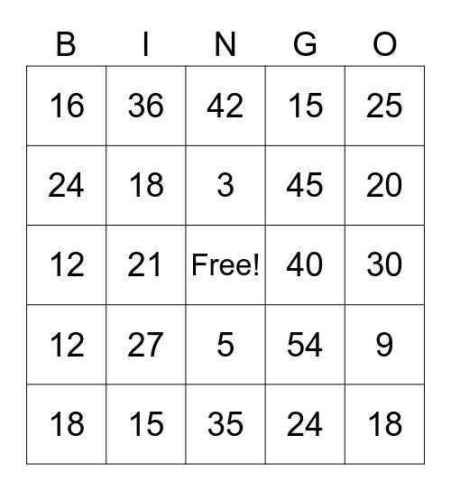 Number Bingo Card