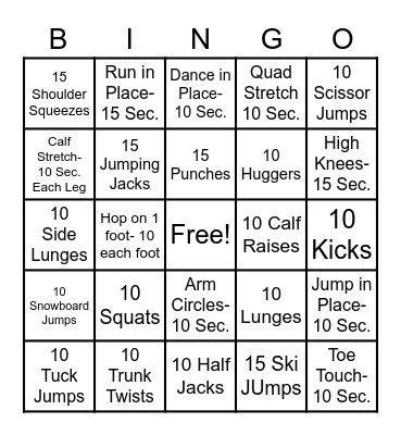 Fitness Bingo Card