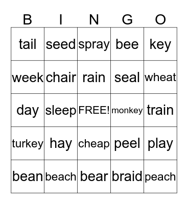 ai, ay, ee, ea, ey Bingo Card