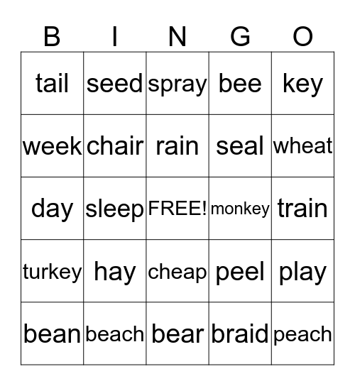 ai, ay, ee, ea, ey Bingo Card