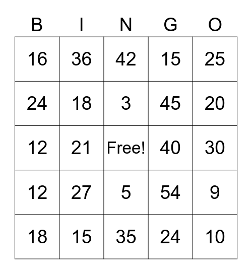 Number Bingo Card