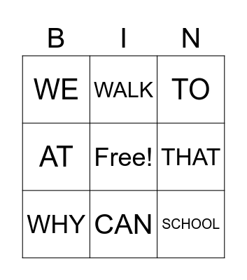 SIGHT WORD BINGO Card
