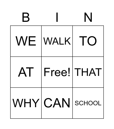 SIGHT WORD BINGO Card