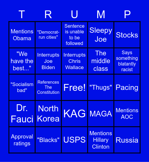 9/29/20 Presidential Debate Bingo Card