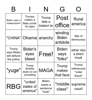 Presidential Debate Bingo Card
