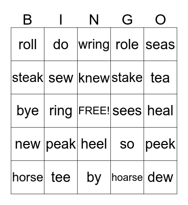 Homophone Bingo Card