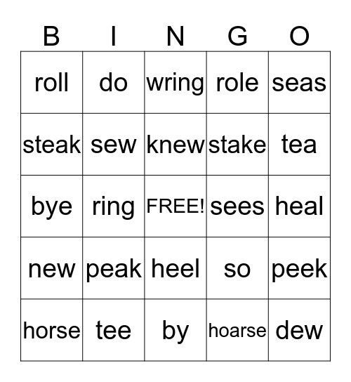 Homophone Bingo Card