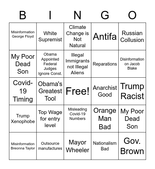 Leftist Debate Bingo Card