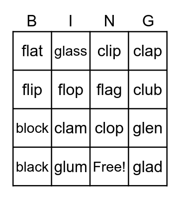 L blends - bl, cl, fl, gl Bingo Card