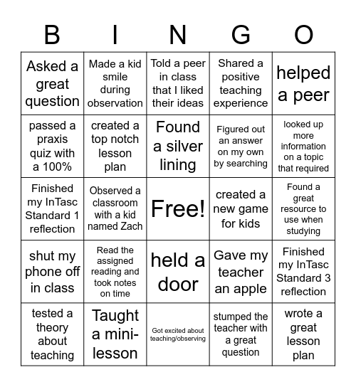 EDU 210 Bingo Card