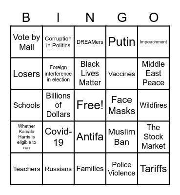 2020 Presidential Debate Bingo Card