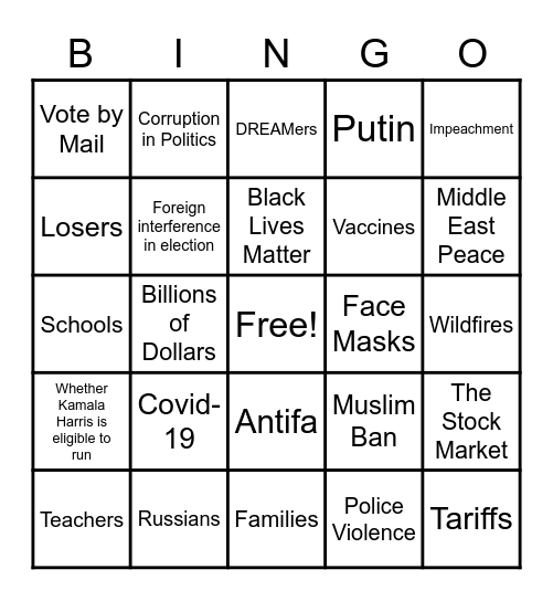 2020 Presidential Debate Bingo Card