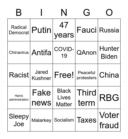 Debate 2020 Bingo Card