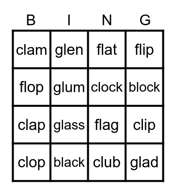 L blends - bl, cl, fl, gl Bingo Card