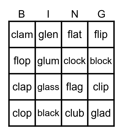 L blends - bl, cl, fl, gl Bingo Card