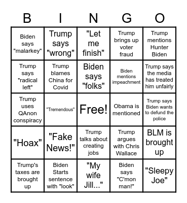 Debate 2020 Bingo Card