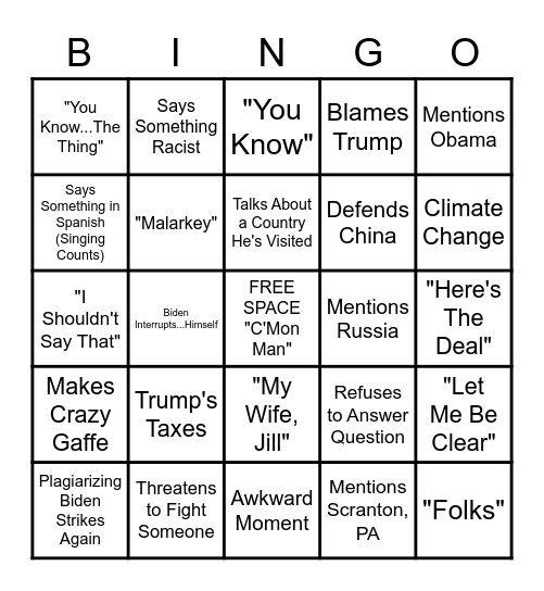 BIDEN BINGO 2020 Bingo Card