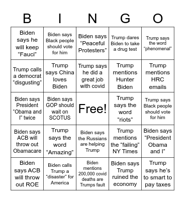 2020 Debate Bingo Card