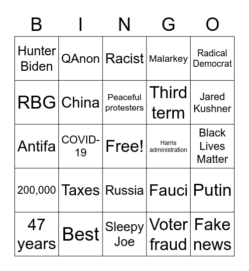 2020 Presidential Debate 9/29 Bingo Card