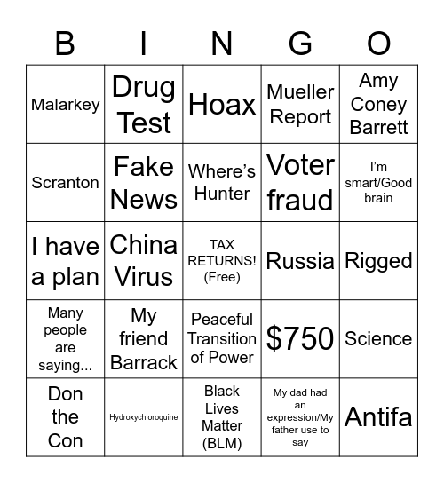 Presidential Debate Bingo Card
