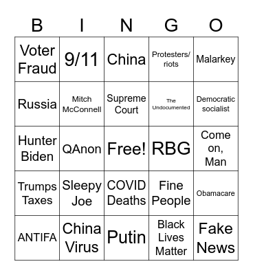 Trump v Biden 2020 Bingo Card