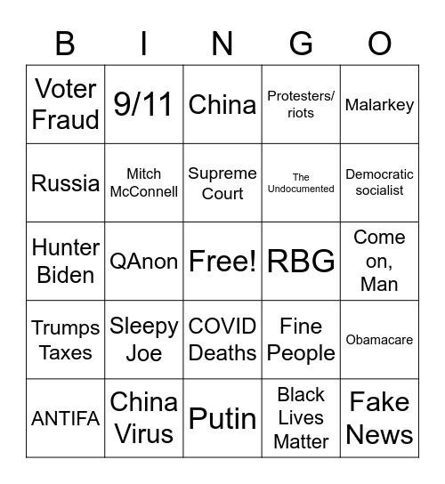 Trump v Biden 2020 Bingo Card