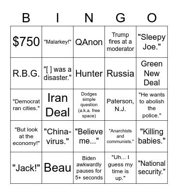 Debate 9/29/20 Bingo Card