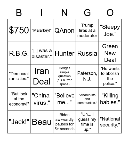Debate 9/29/20 Bingo Card