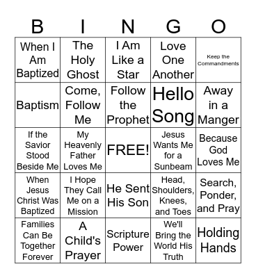 Primary Songs Bingo Card