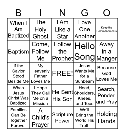 Primary Songs Bingo Card