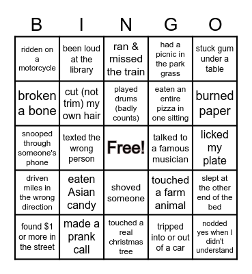 Never Have I Ever Bingo Card