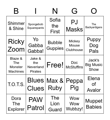 NICK Jr & Disney Jr Bingo Card