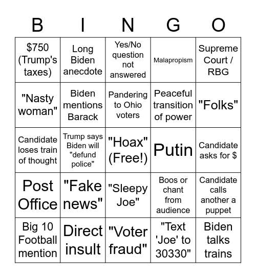 Debate #1 Bingo Card