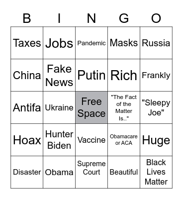 Presidential Debate Bingo 2020 Bingo Card