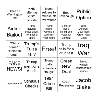 First Debate Bingo Card
