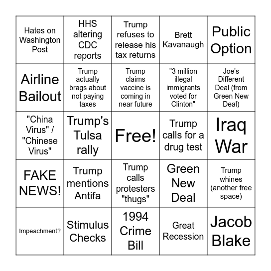 First Debate Bingo Card