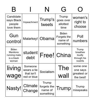 Presidential Debate 2020 Bingo Card