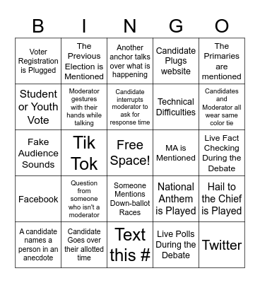 Debate Watch Party Bingo Card
