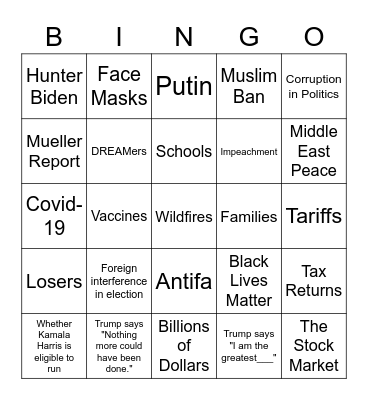 2020 Presidential Debate Bingo Card
