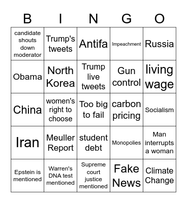 First Democratic Presidential Debate 2020 Bingo Card
