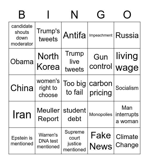 First Democratic Presidential Debate 2020 Bingo Card