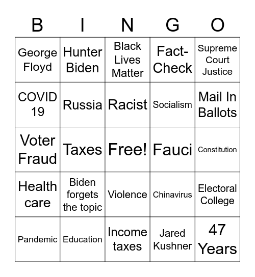 Presidential Debate 9.29.2020 Bingo Card