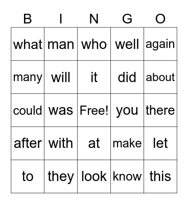 Sight Words Bingo Card