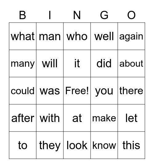 Sight Words Bingo Card