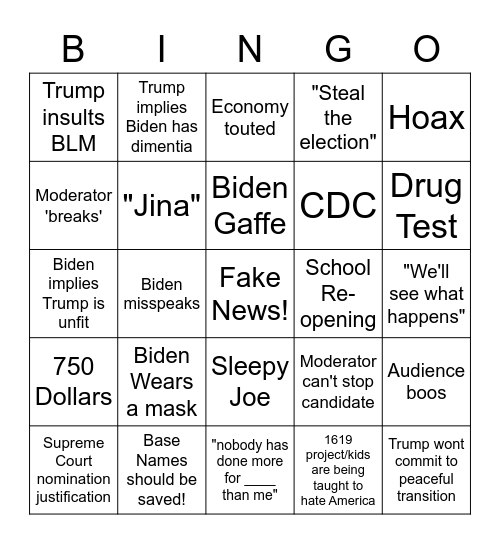 Debate 1 2020 (Go Blue!) Bingo Card